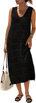 Fisoew Womens Crochet Sleeveless Midi Dress - Boho Beach Cover Up