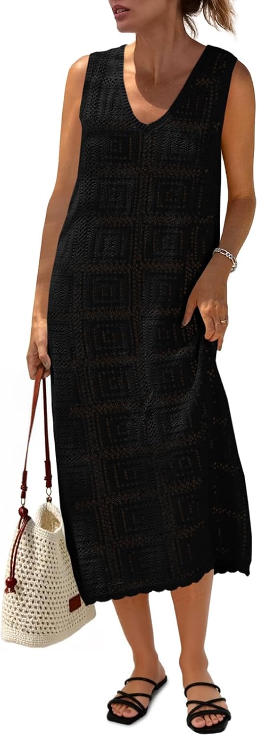 Fisoew Womens Crochet Sleeveless Dress for Summer Beach Fun