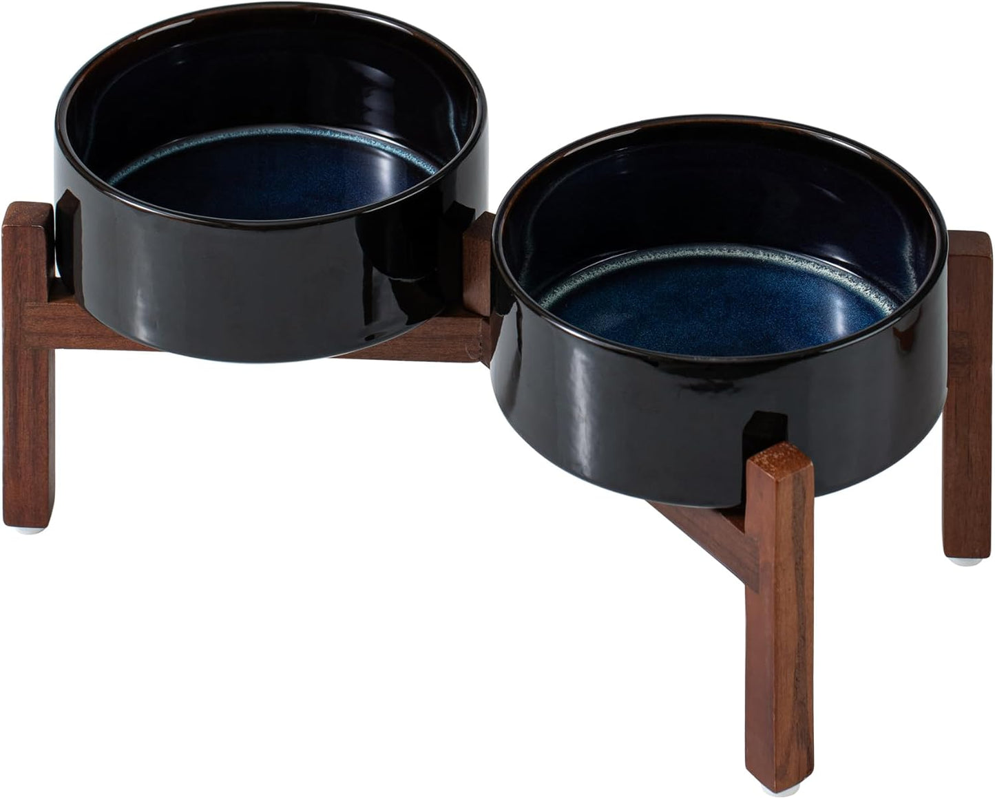 Ceramic Raised Double Dog Bowls Set with Acacia Wood Stand