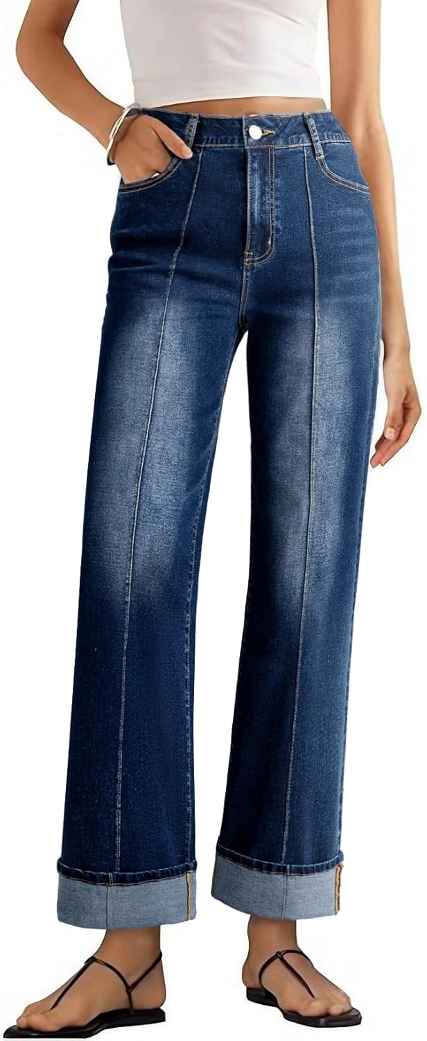 Sidefeel Women's High Waisted Wide Leg Cuffed Jeans for Style