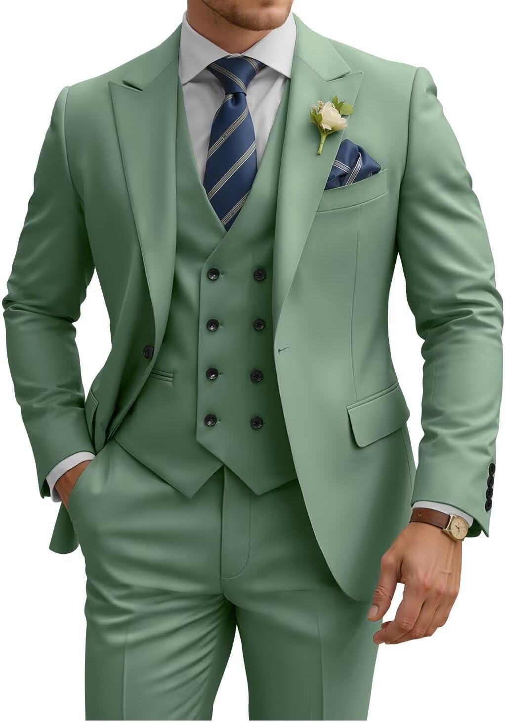 Mens Suit 3 Piece Slim Fit Double Breasted Sage Green Tuxedo