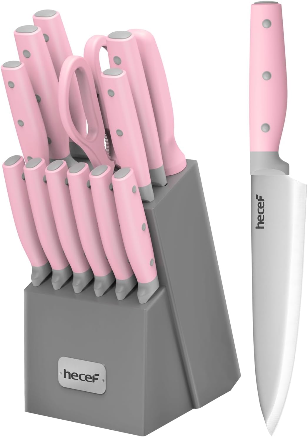 hecef Kitchen Knife Block Set - 14 Pieces Cutlery Set in Pink