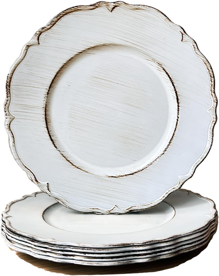 Set of 6 Antique White Plate Chargers - Elegant Table Decor