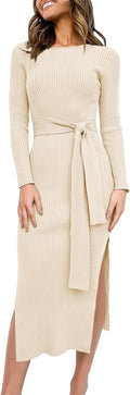 Elegant Women's Long Sleeve Sweater Dress Featuring Tie Waist Slit