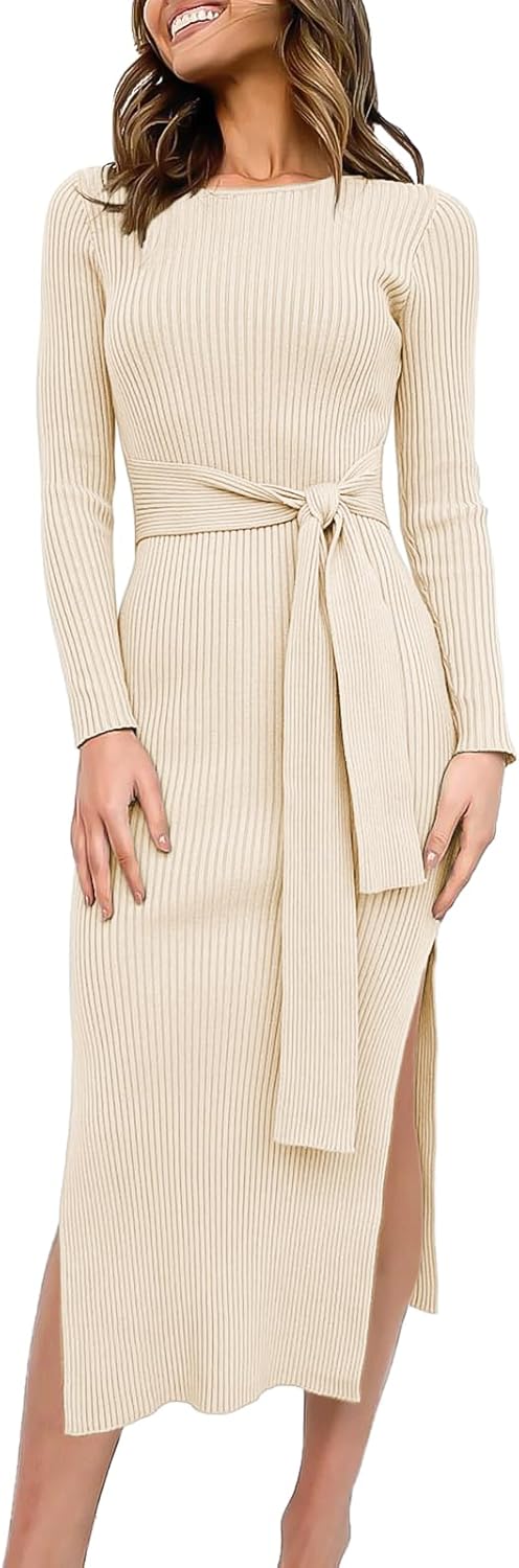 Womens Long Sleeve Sweater Dress with Tie Waist and Slit