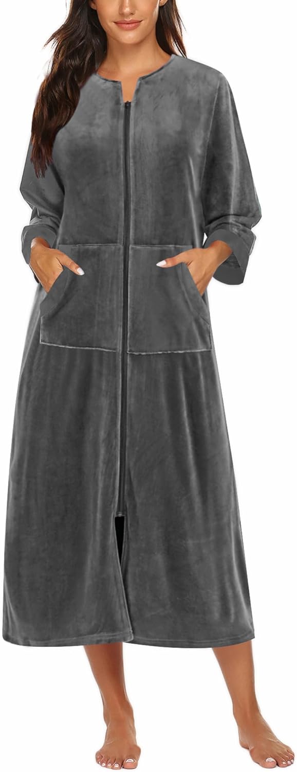 Ekouaer Velour Zipper Robe for Women with Pockets and Style