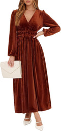 Sissyaki Women's Long Sleeve Velvet Maxi Dress - Flattering A-Line Fit