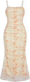 GORGLITTER Floral Ruched Bodycon Midi Dress - Flattering Mesh Cami