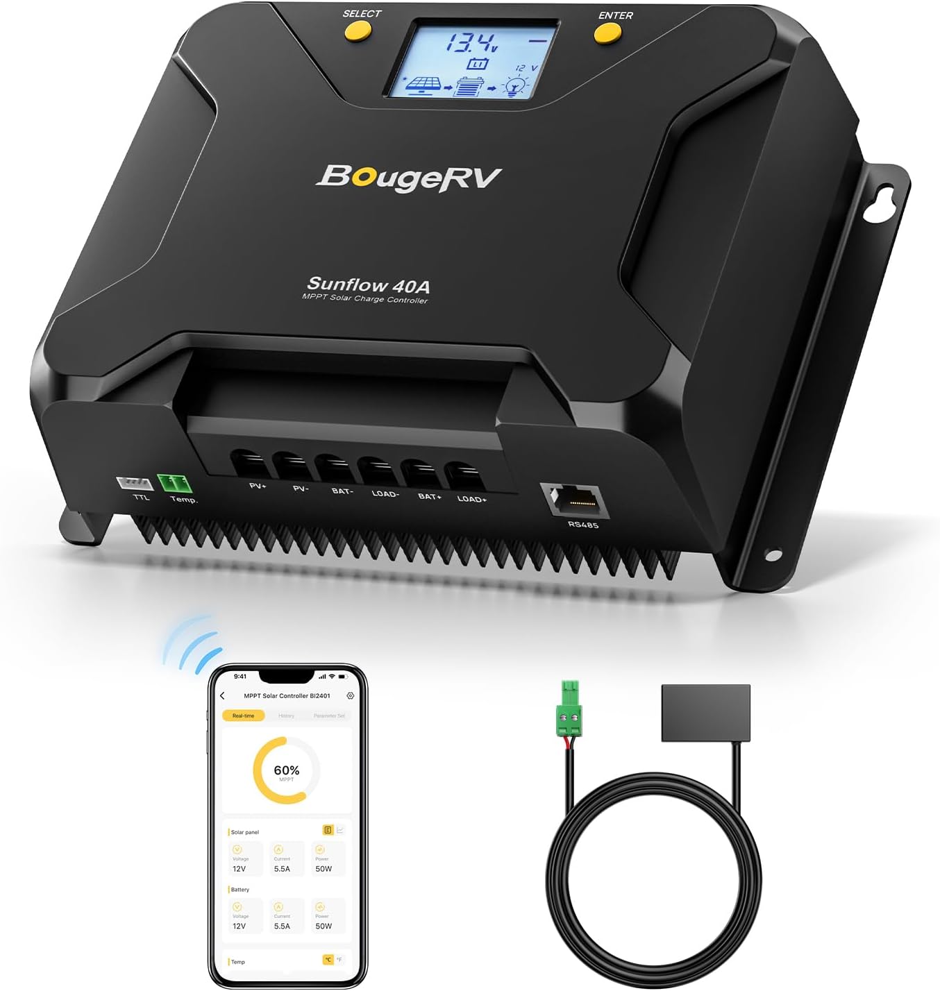 BougeRV 40A MPPT Solar Charge Controller with APP Control
