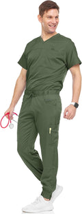 Men's Workwear Stretch V-Neck Scrub Joggers Set - Seven Pockets