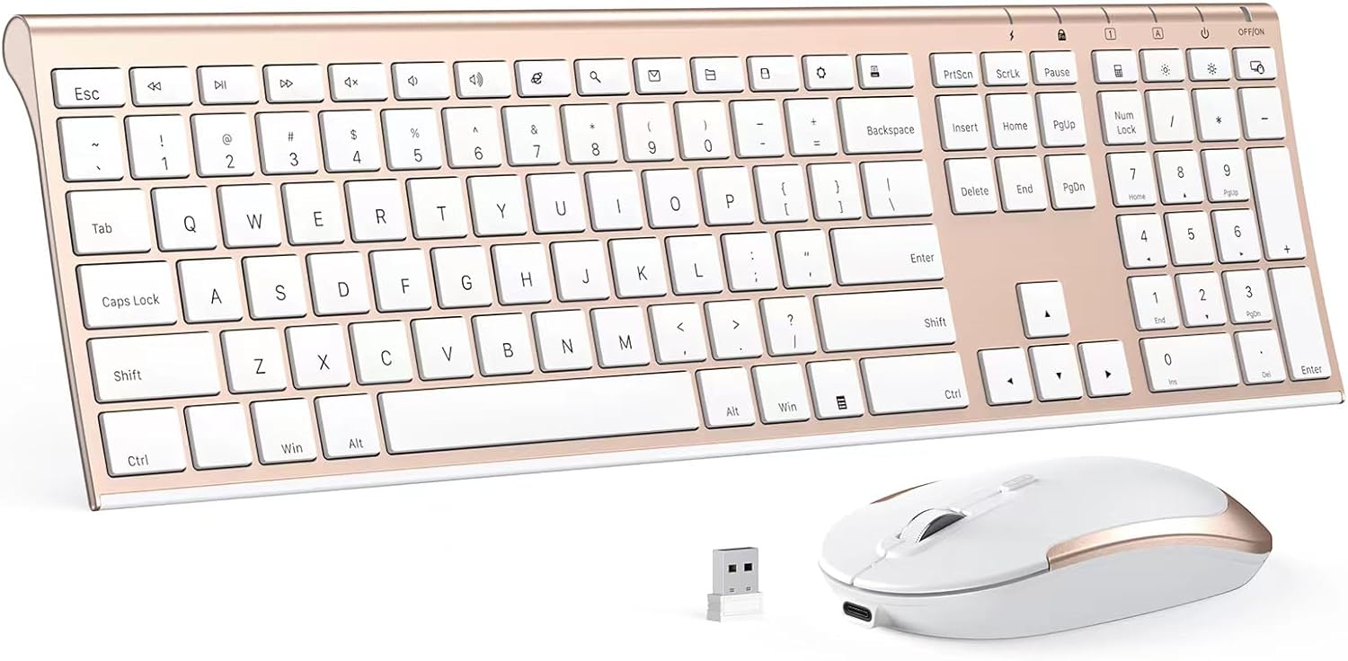 Wireless Rechargeable Keyboard and Mouse Combo - Whisper-Quiet for Windows, PC - White Gold