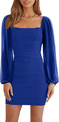 Mesh Long Sleeve Square Neck Ruched Mini Bodycon Dress (Style TKZS)