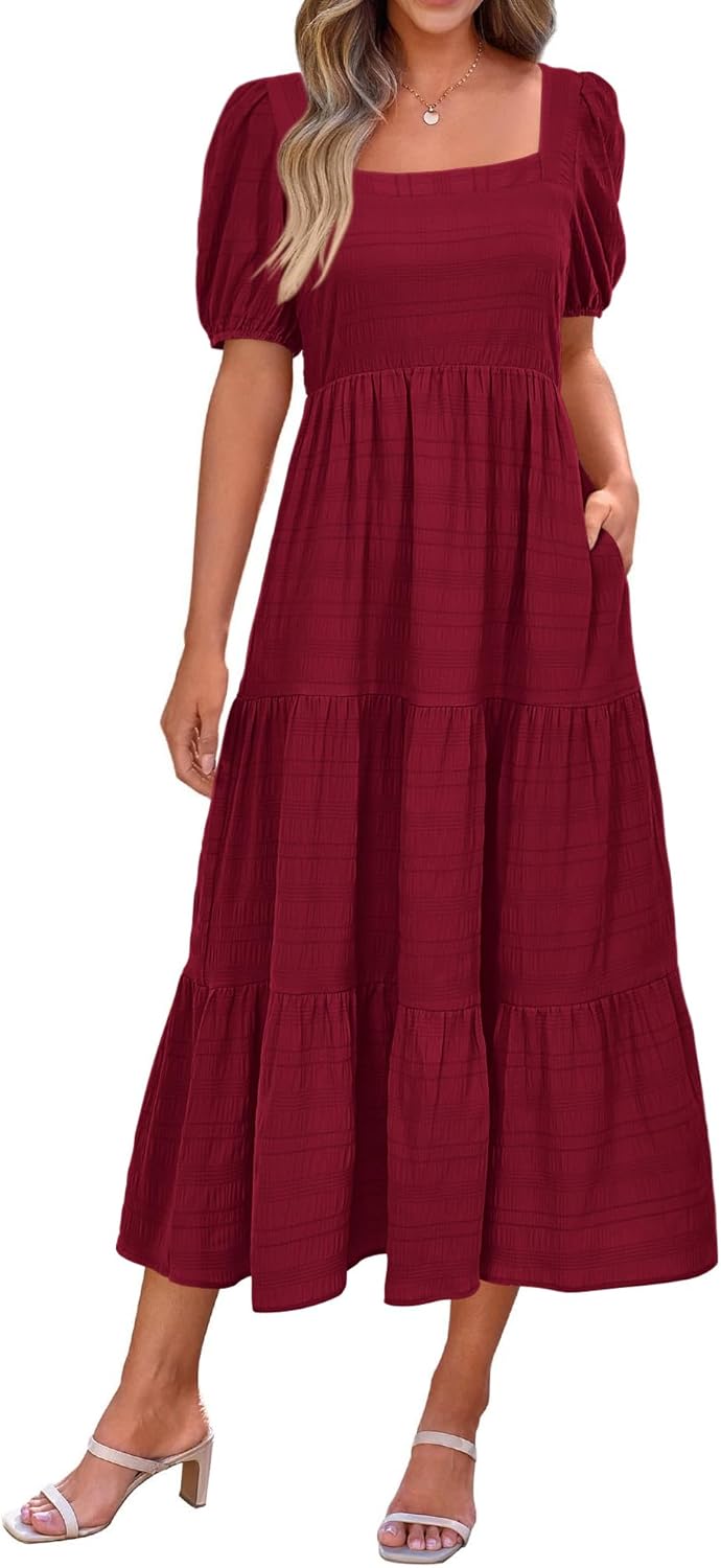 PRETTYGARDEN Women's Summer Dresses 2025 Puff Sleeve Midi Dress