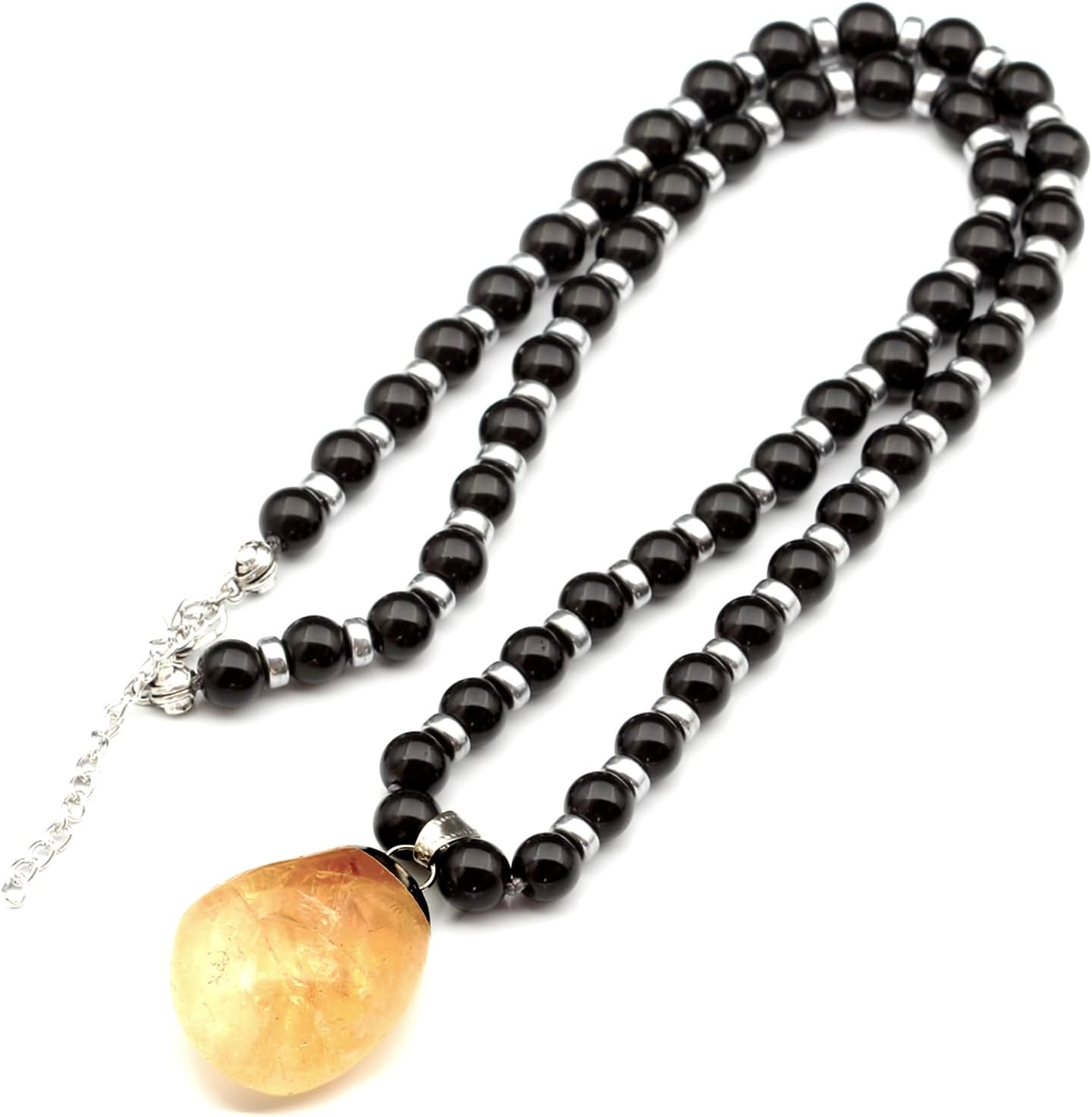 Natural Raw Tourmaline Pendant with Black Onyx Beaded Necklace