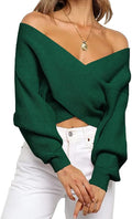 BTFBM Women Wrap V Neck Long Sleeve Cropped Sweater - Off Shoulder