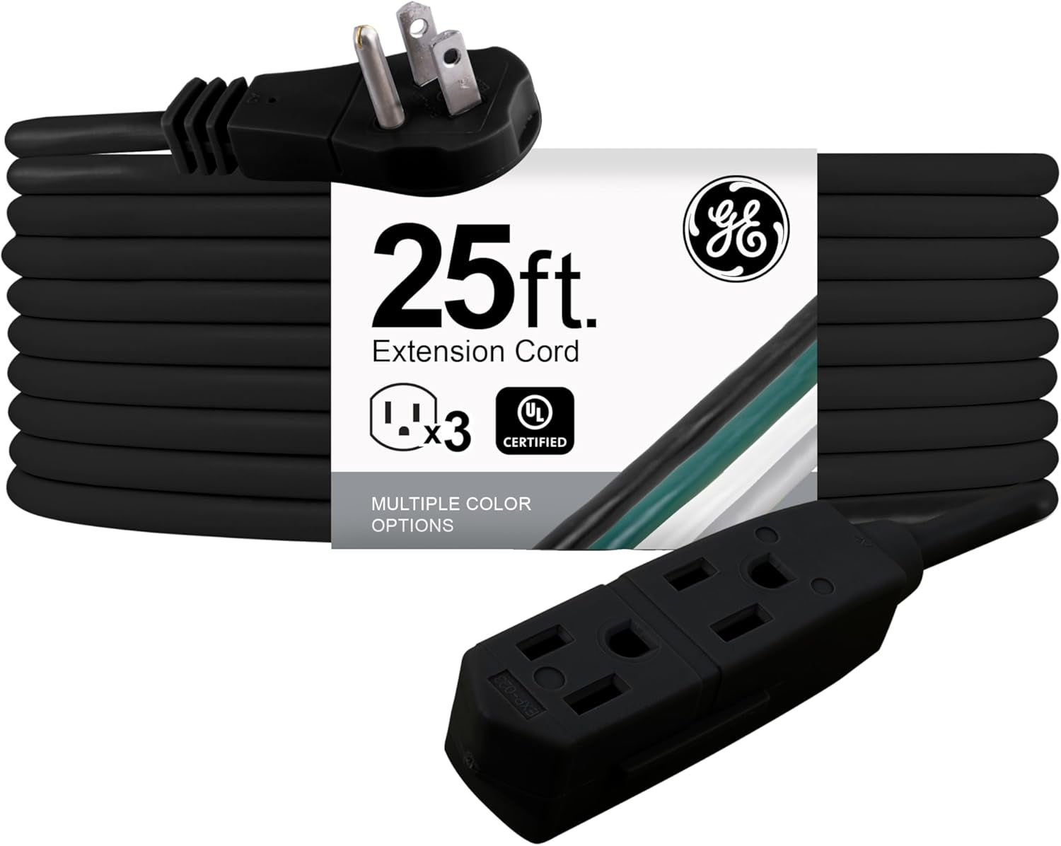GE 3-Outlet Flat Extension Cord 25 Ft for Home and Office Use