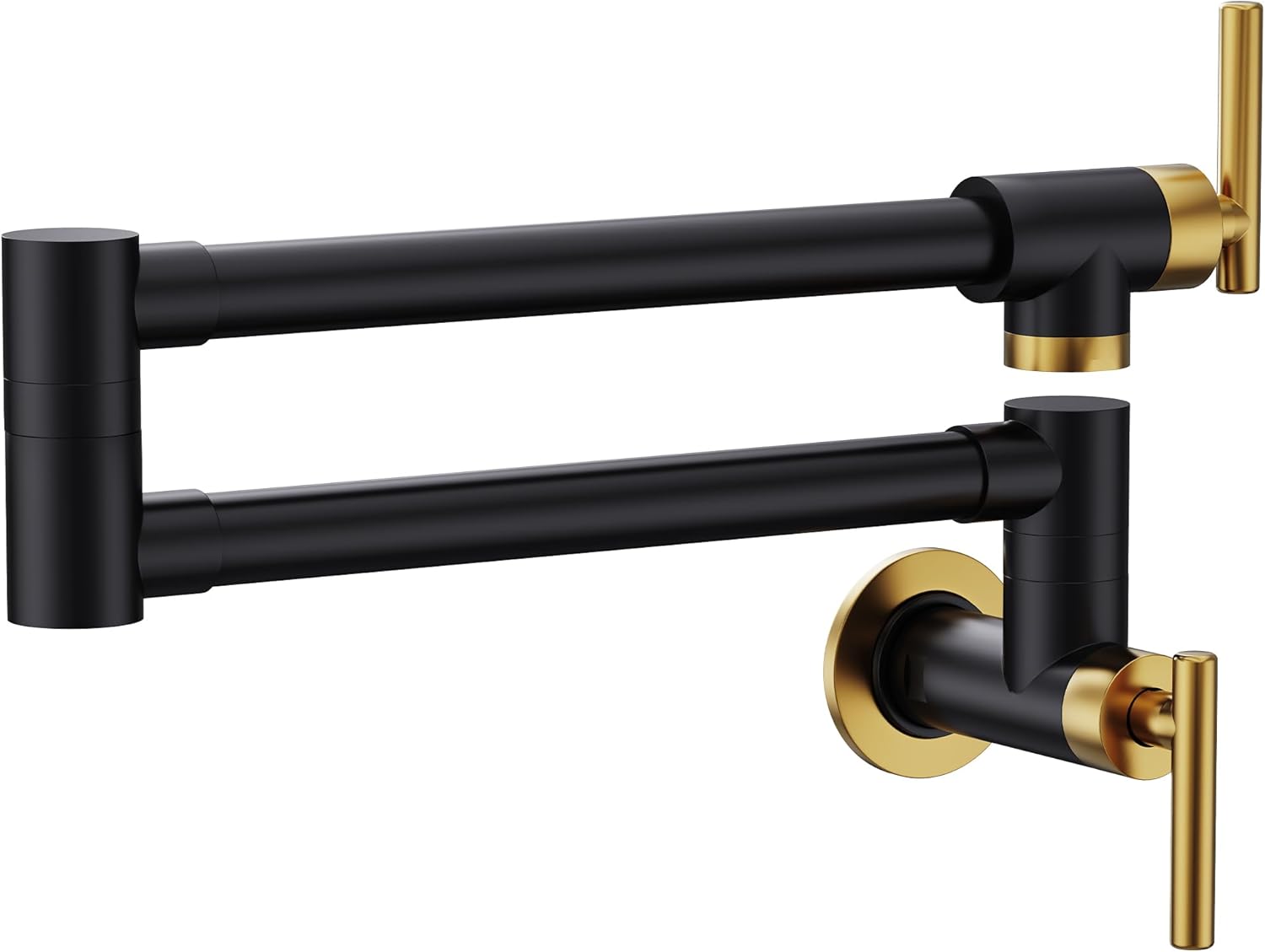 Pot Filler Faucet Black and Gold Wall Mount for Kitchen Use