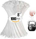 White Zip Ties 8 in 1000 Pack - Durable 40 lb Cable Ties
