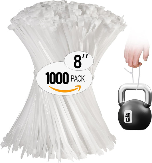 REZOSY 8 Inch Clear Zip Ties - 1000 Pack Strong Tensile 40 lbs - Indoor/Outdoor Use