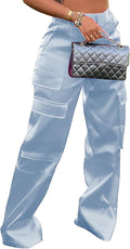 Women High Waisted Satin Cargo Pants Wide Leg - Comfortable Shape