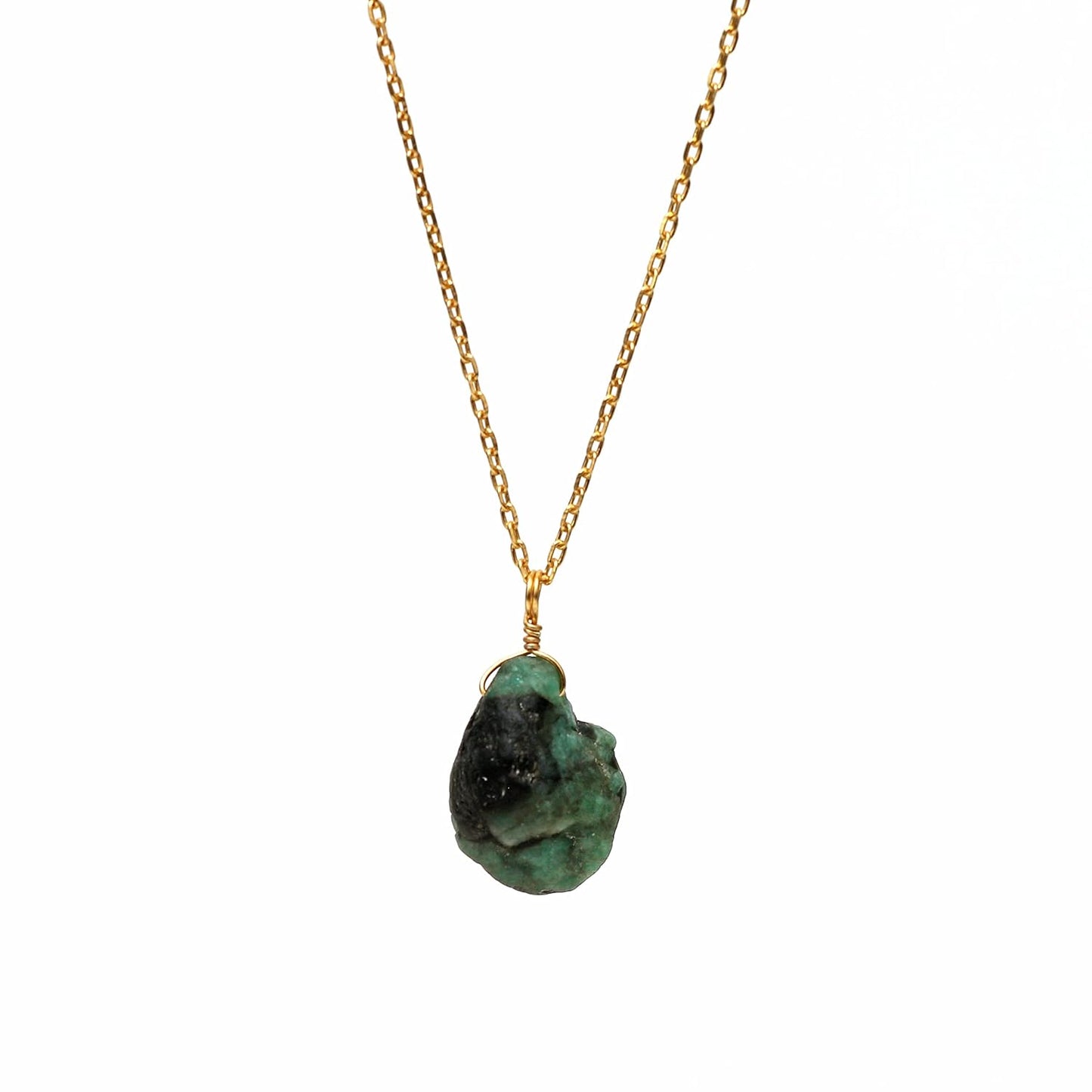 Emerald Pendant Necklace with Raw Green Gemstone Charm