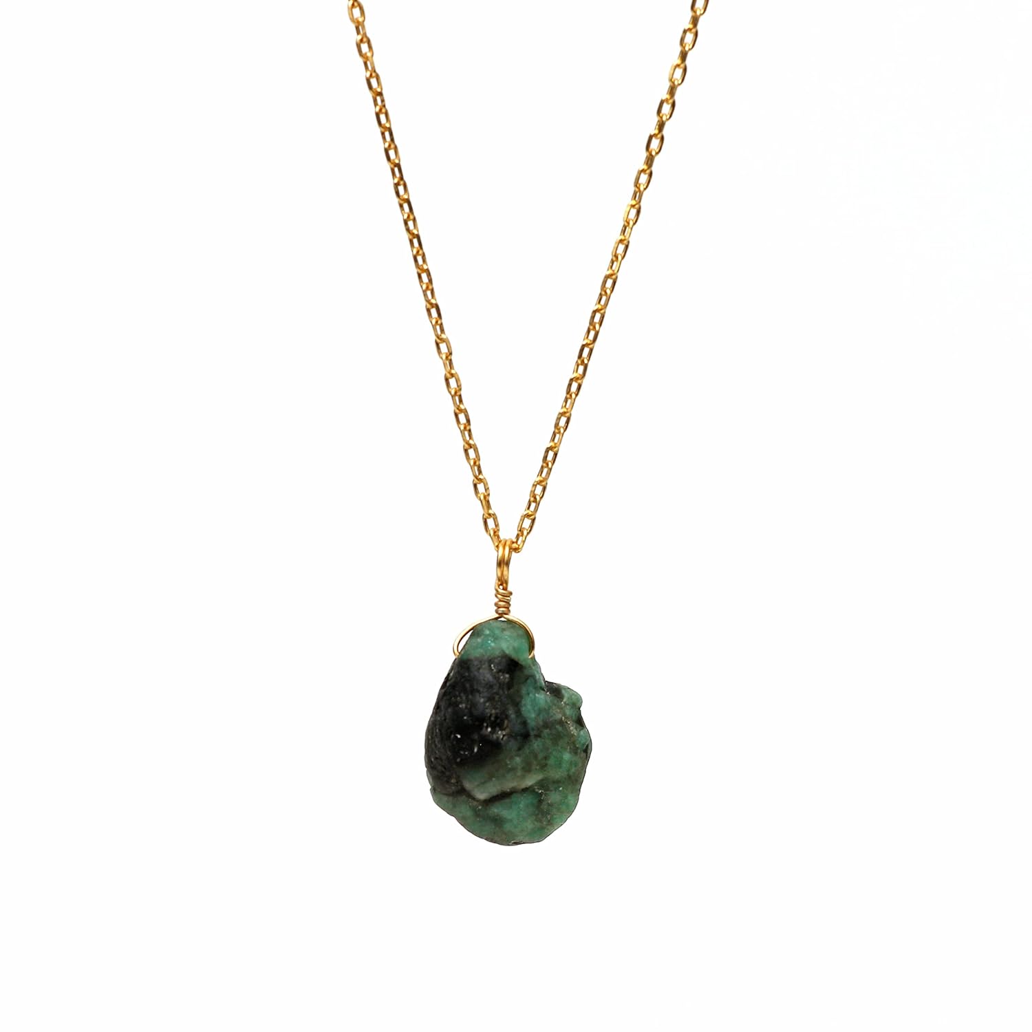 Emerald Pendant Necklace with Raw Green Gemstone Charm