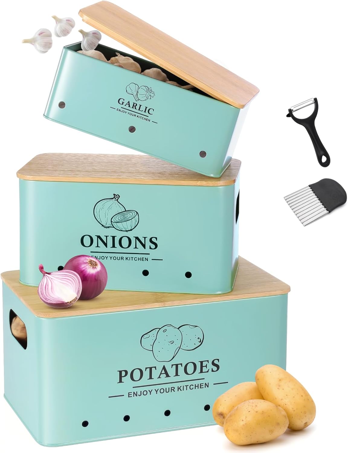 Kitchen Vegetable Storage Set of 3 for Potatoes, Onions, Garlic