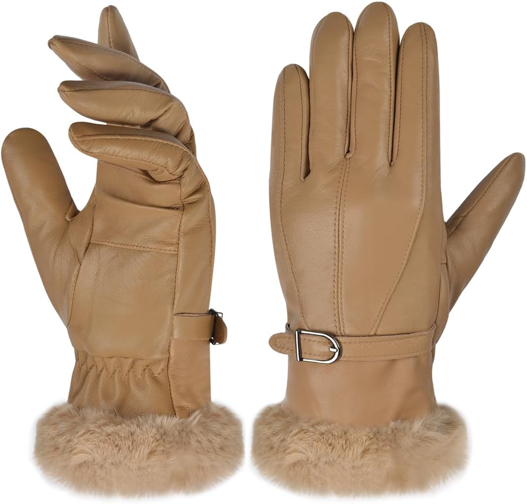 Harssidanzar Women's Fur Lined Leather Gloves