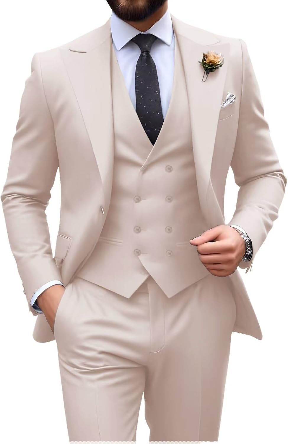 Mens Suit Slim Fit 3 Piece Double Breasted Tuxedo Set for Events