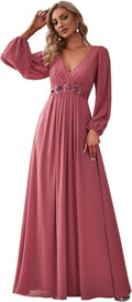 V Neck Long Lantern Sleeve Chiffon A-Line Formal Dress (Style GGLJ)