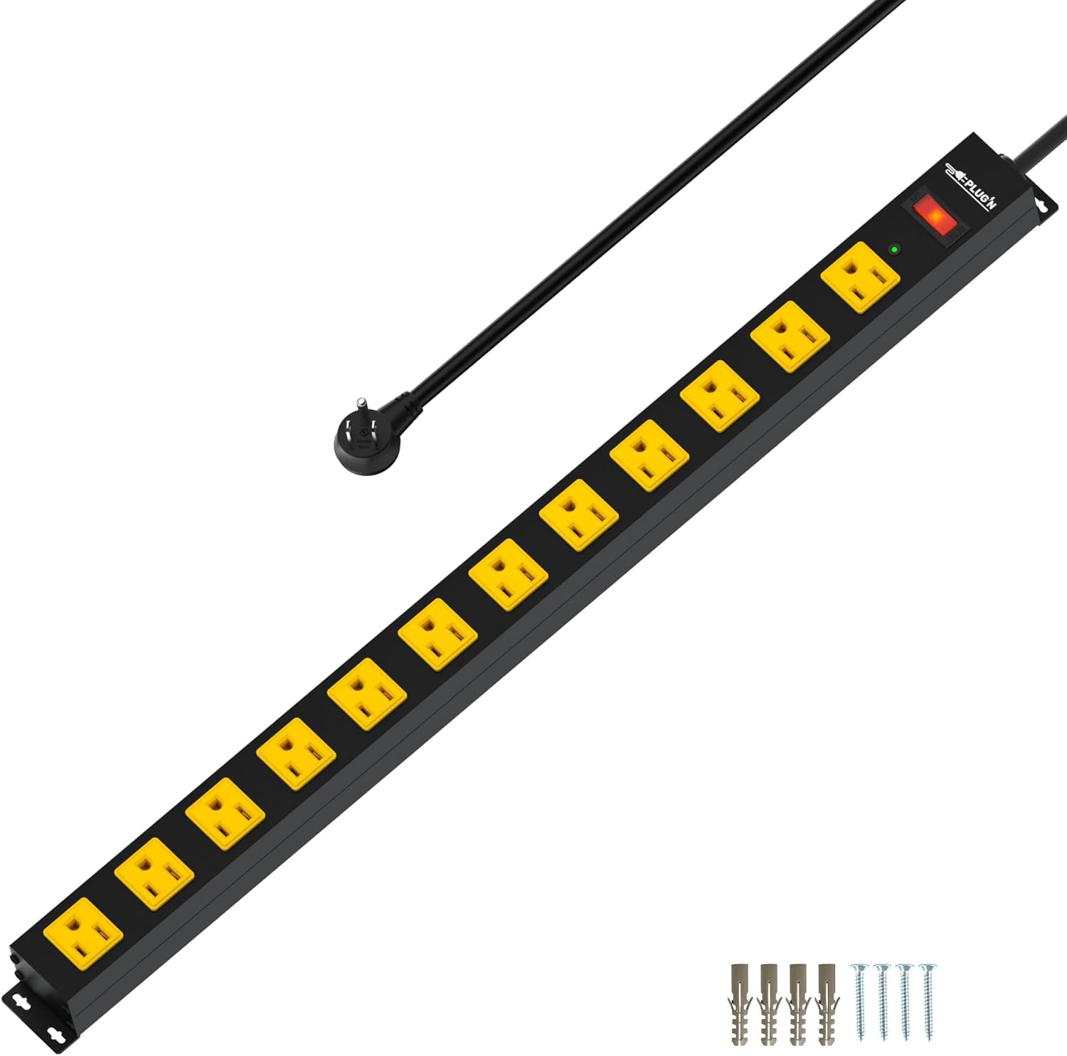 Industrial Power Bar: 12 Outlet Surge Protector with Wide Spaced Outlets, Plug'n Stay Protected