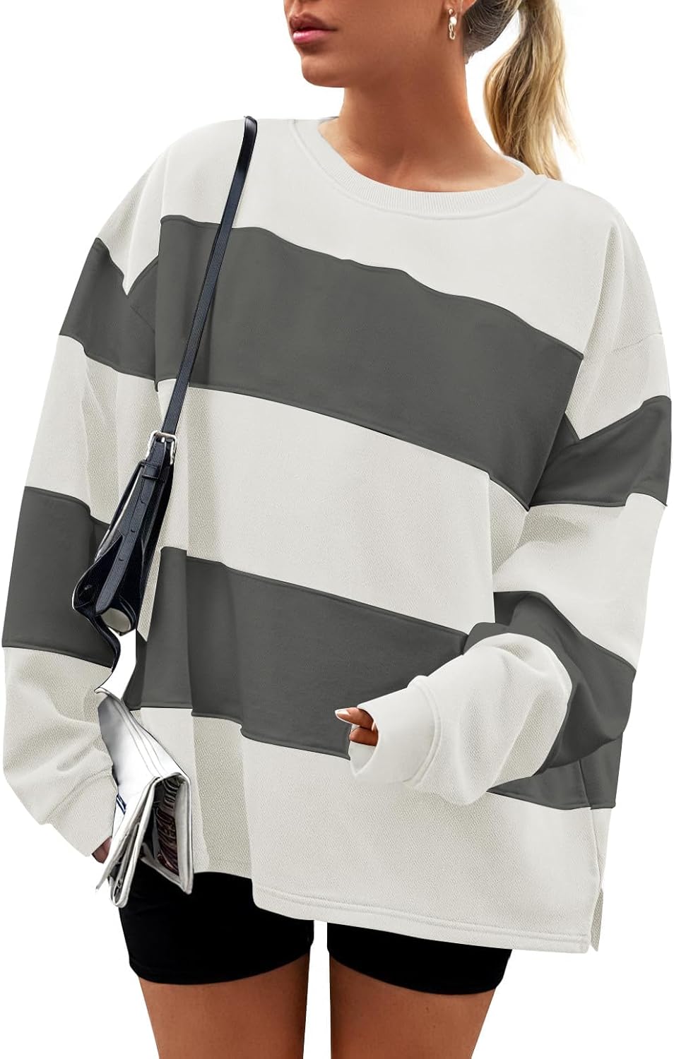 ZESICA Women's Oversized Striped Fleece Pullover for Fall Fashion