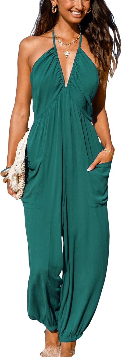 CUPSHE Women's Plunge Halter Sleeveless Pleated Jumpsuit