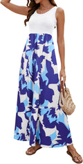 Boho Chevron Floral Maxi Dress - Flowy Summer Sleeveless Dress