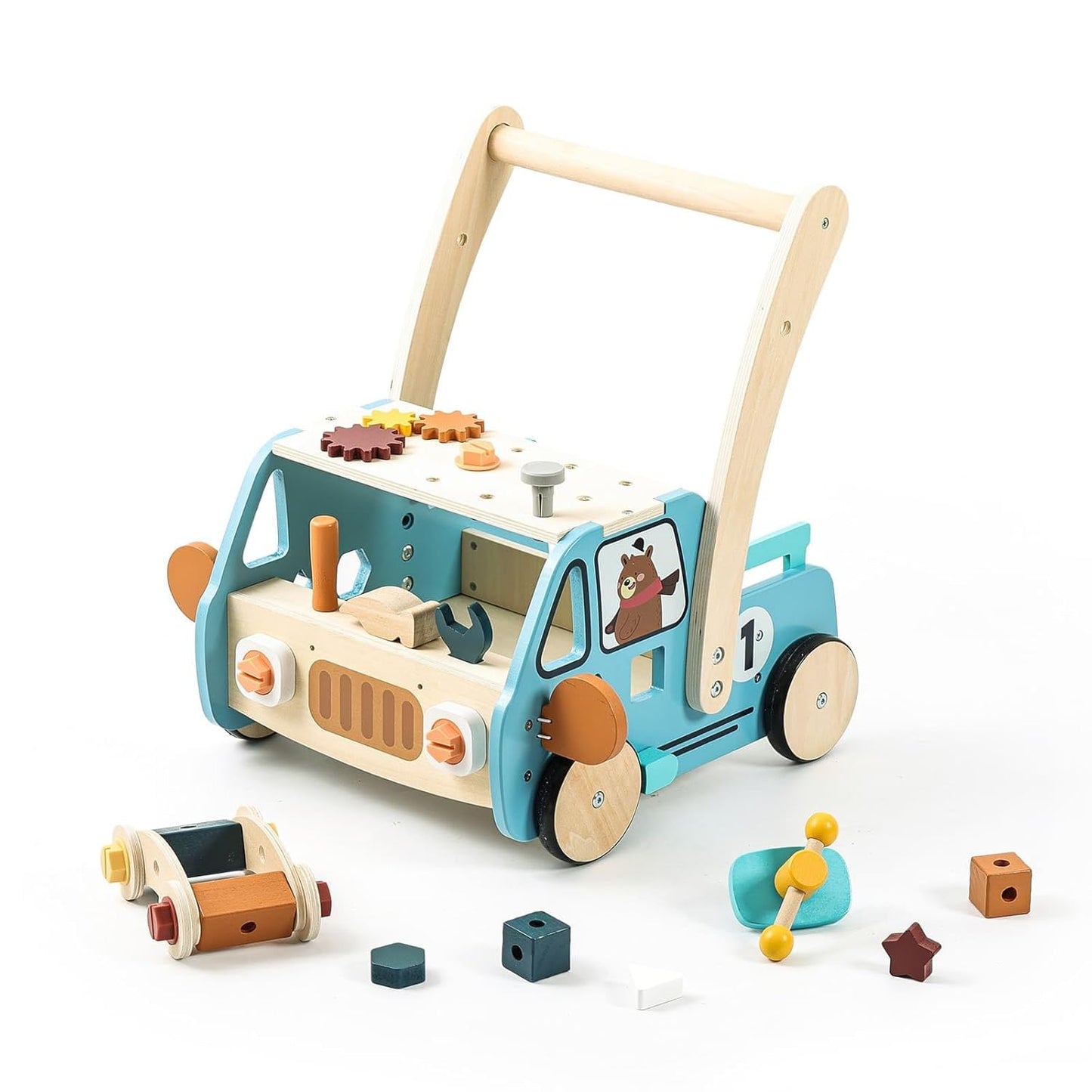 Adjustable Wooden Baby Walker with Tool Bench