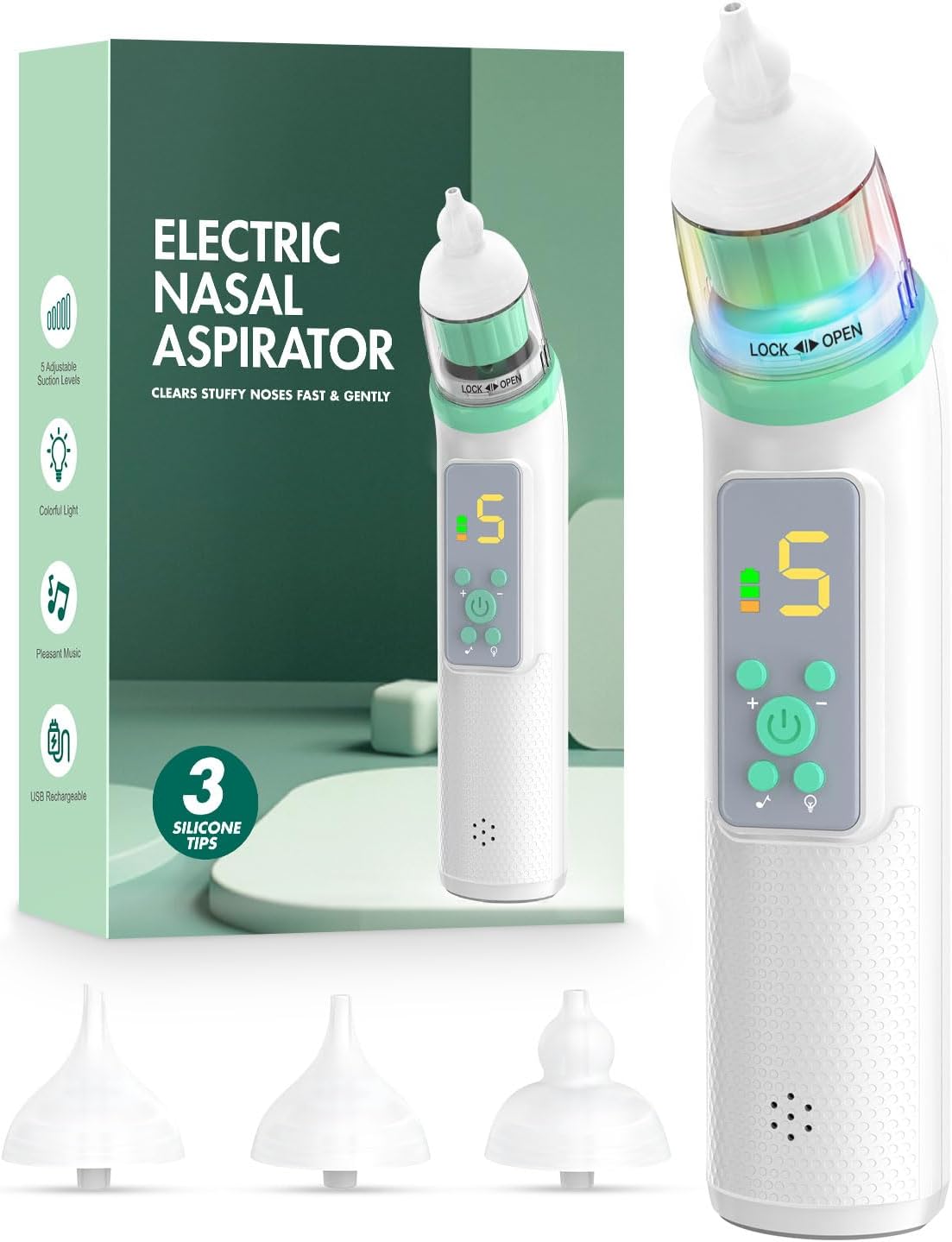 Electric Nasal Aspirator | Adjustable Suction | Music & Lights | 3 Tips