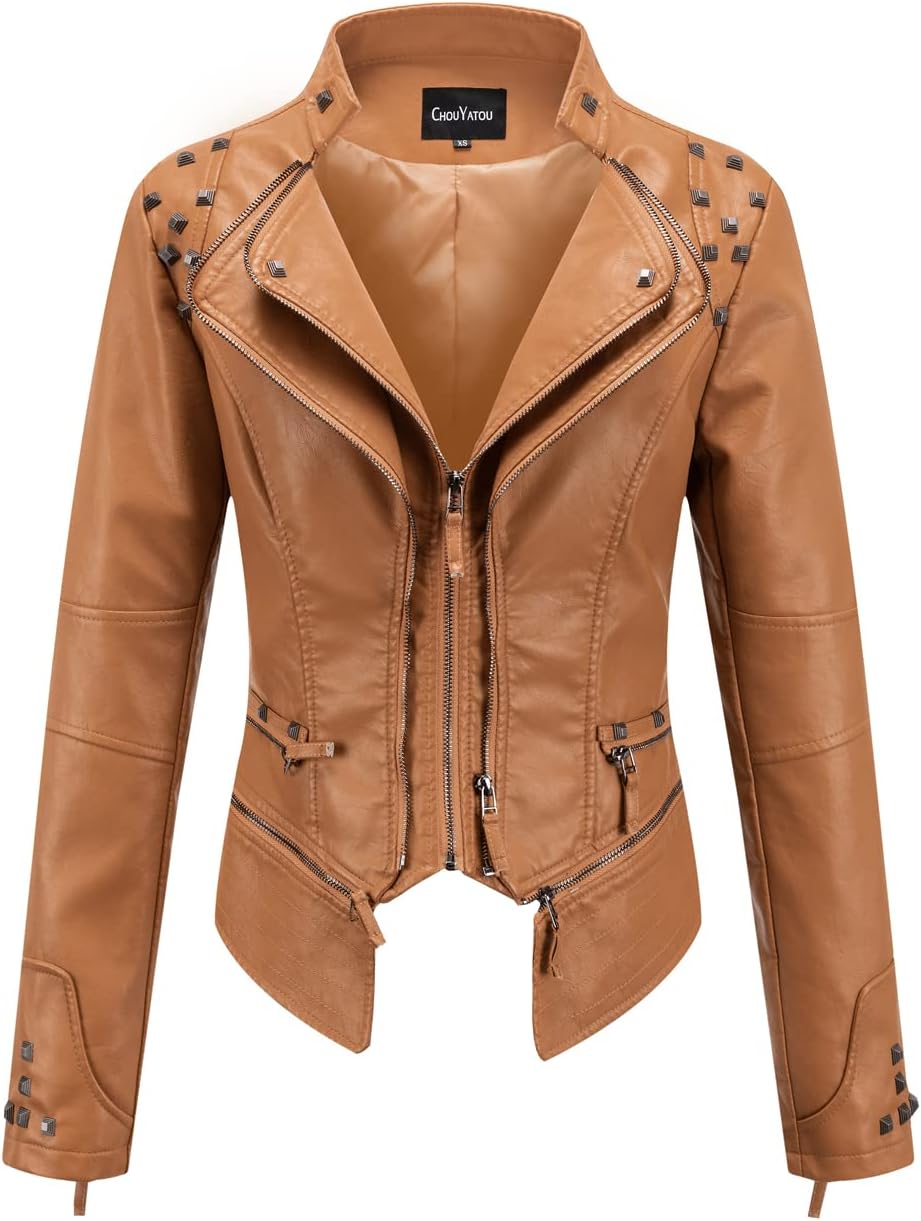 Chouyatou Women's Fashion Studded Faux Leather Biker Jacket