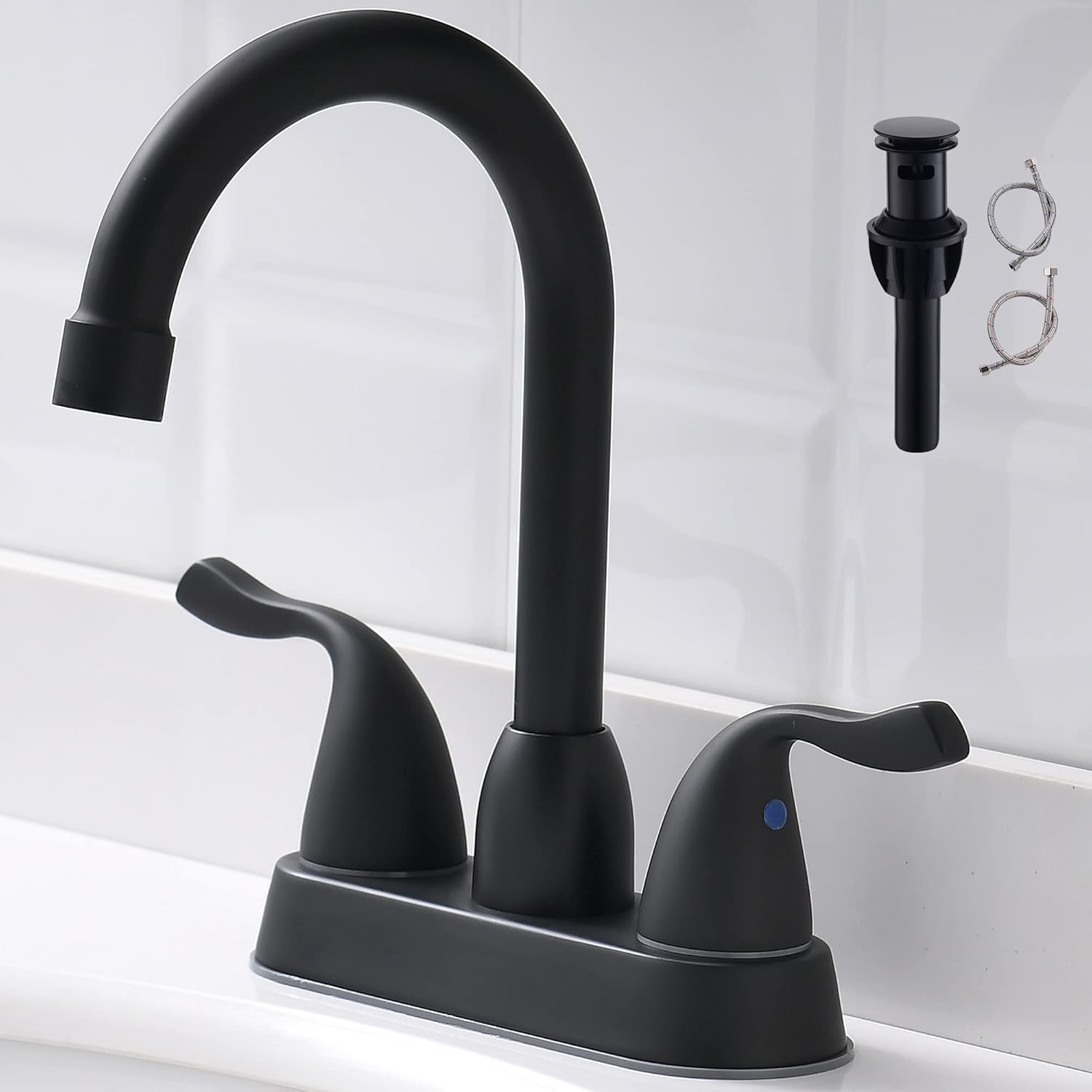 Matte Black Bathroom Sink Faucet with Pop-up Drain and Supply Lines