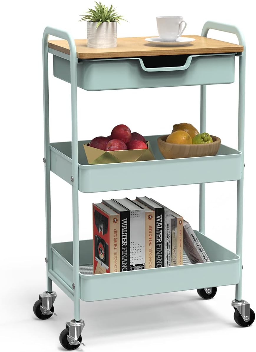 3 Tier Rolling Cart with Drawer and Table Top for Versatile Use