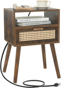 Small Nightstand with Charging Station - Mid Century Rattan Bedside