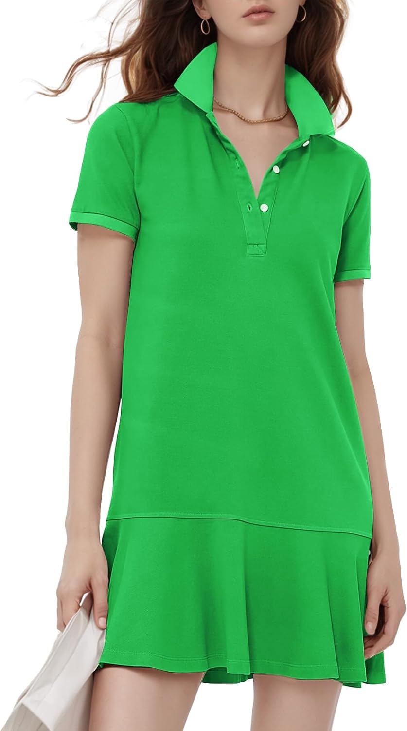 Flygo Womens Polo Dress Short Sleeve Ruffle Golf Tennis Style