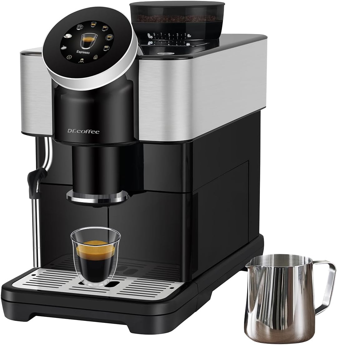 Dr. Coffee H1 Espresso Maker: 6 Custom Beverages, Steam Wand, Piano Black