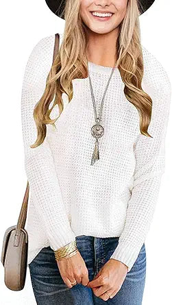 Waffle Knit Sweater for Women - Cozy Crew Neck Pullover Top