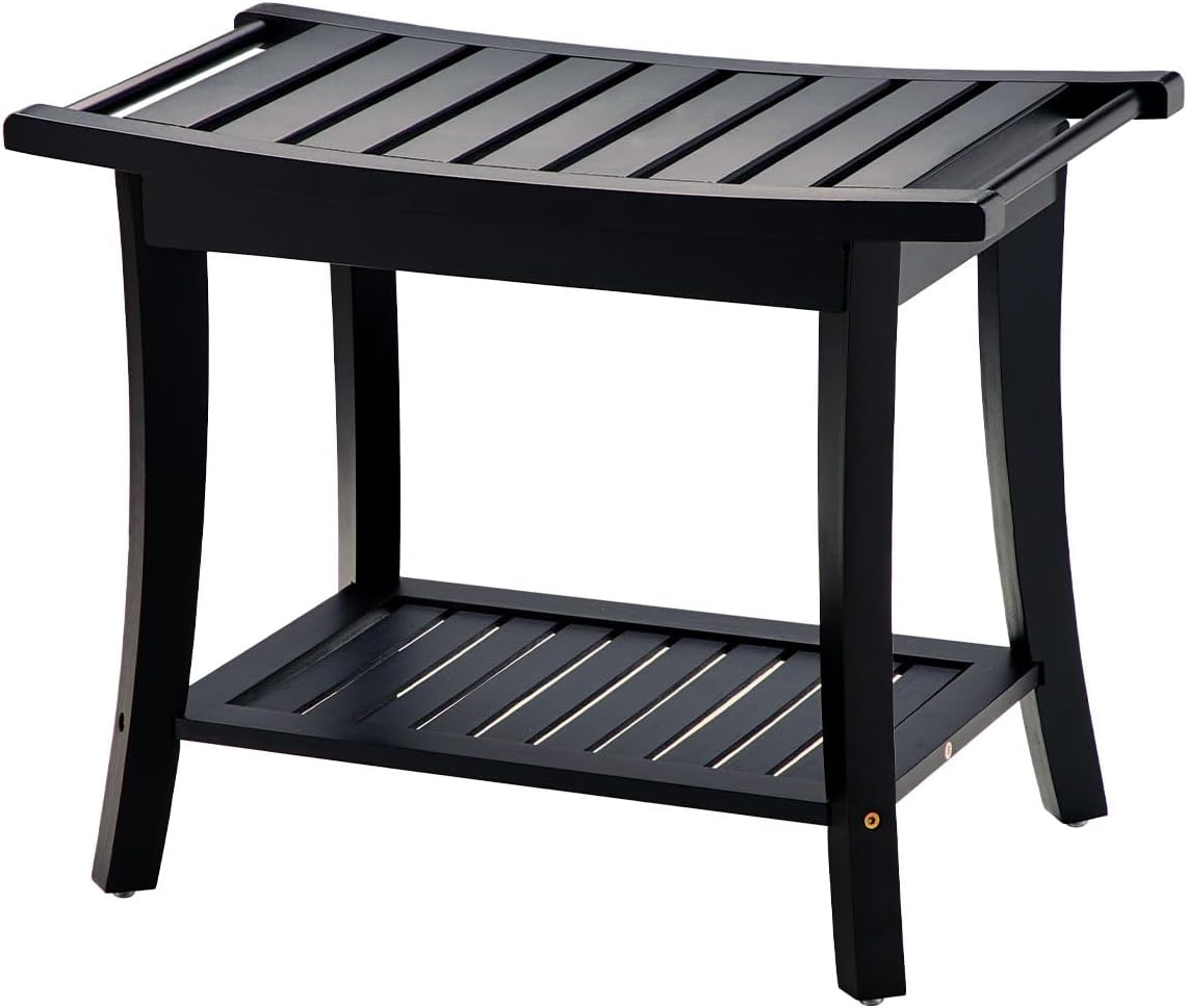 OasisSpace Bamboo Shower Bench with Storage Shelf for Comfort