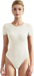 SUUKSESS Women Crew Neck Short Sleeve Thong Bodysuit - Soft, Double