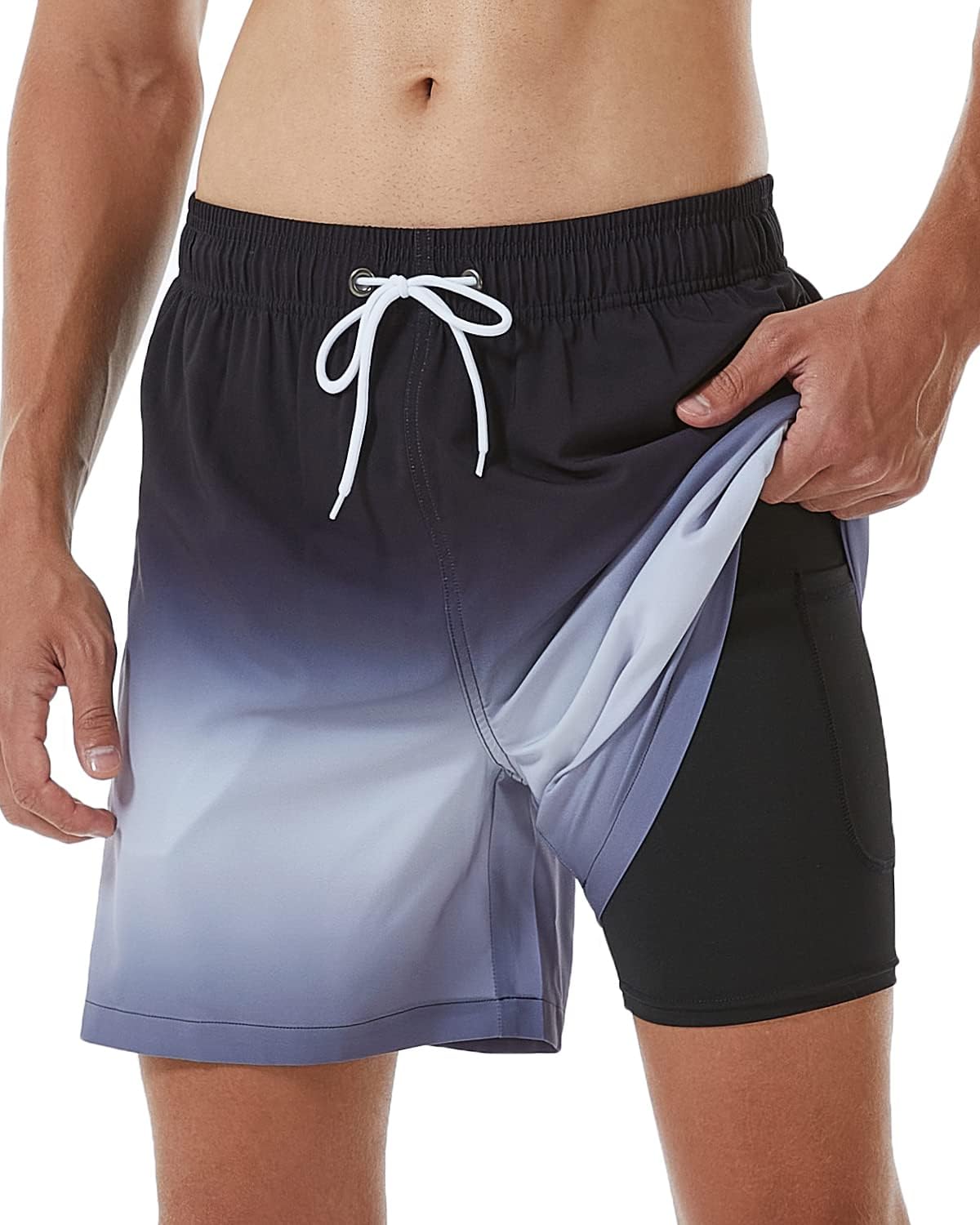 SILKWORLD Mens Swimming Trunks with Compression Liner for Comfort