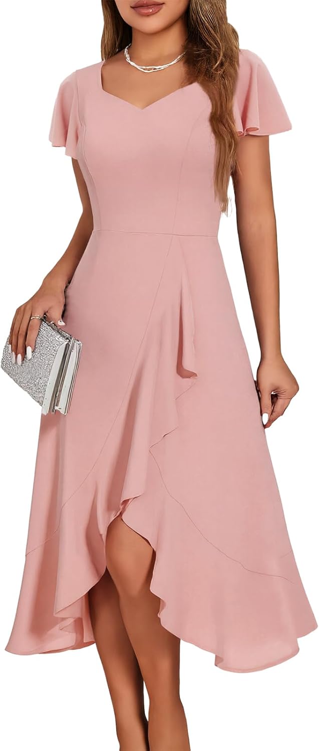 Elegant V Neck Formal Wedding Guest Dress with Ruffle Sleeves