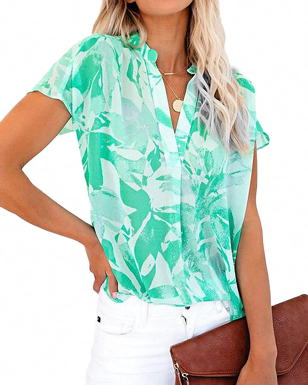 Allimy Women Summer Casual Split V Neckline Floral Blouses