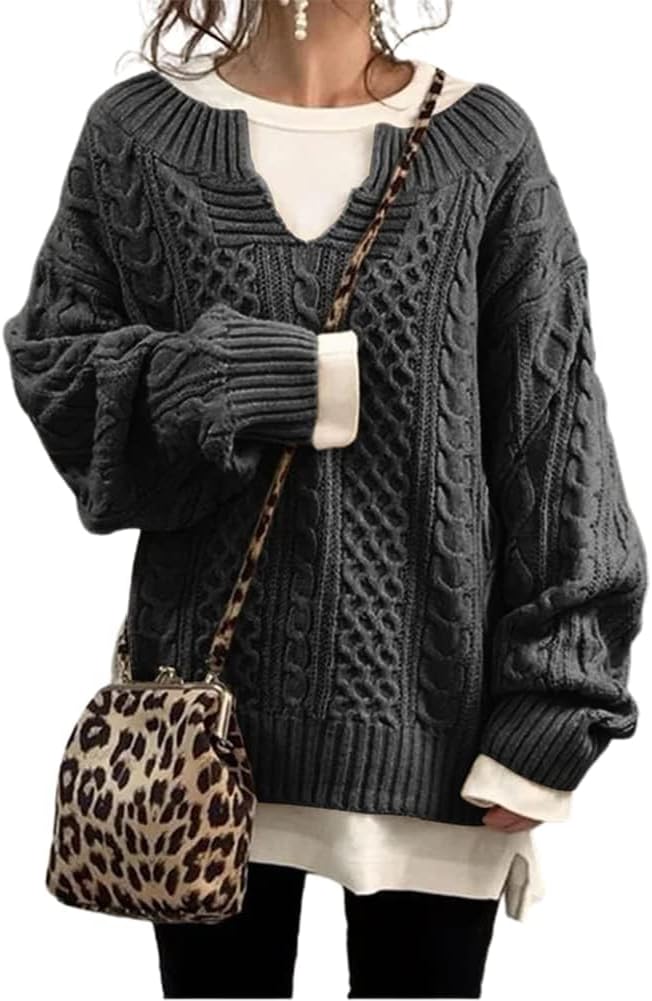 Chouyatou Women's Winter Chunky V Neck Cable Knit Sweater