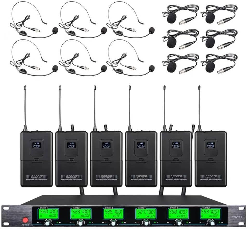 Wireless Microphone System UHF with 6 Lavalier Bodypacks